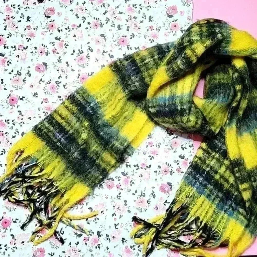 Urban Outfitters Yellow and Green Plaid Fringe Scarf